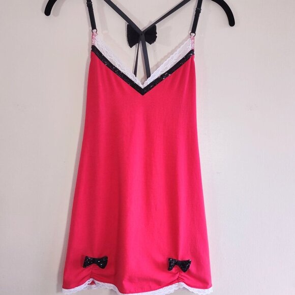 Victoria's Secret Naughty Nice Red Nightie - Cotton Slip Dress Bows Lace Small - Picture 3 of 10